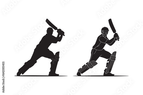 Two silhouettes of cricket batsmen in action