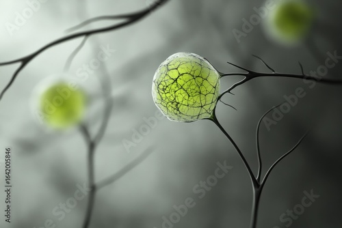 Microscopic view of a cell, glowing green, connected to a network of dark branches.