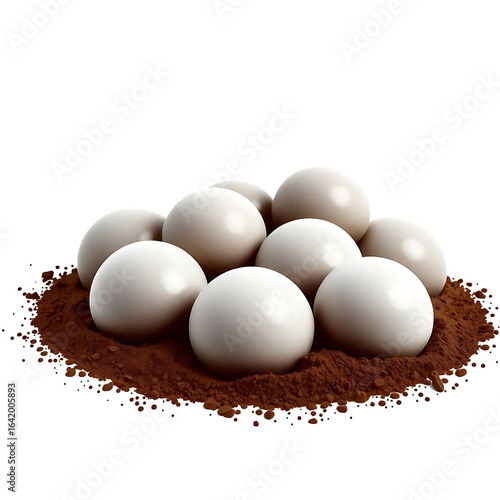 Creamy white spheres nestled in rich brown cocoa powder.