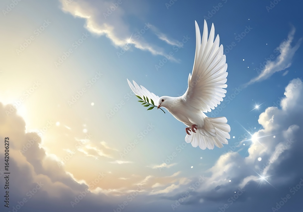 Fototapeta premium A majestic white dove with an olive branch soars gracefully through a sunlit sky filled with fluffy clouds