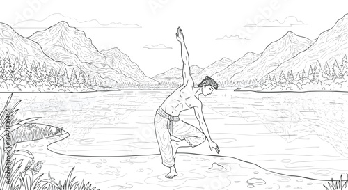 Serene Lakeside Yoga A Sketch of Wellness and Nature's Embrace