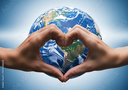 Hands forming a heart shape around a vibrant earth globe symbolizing global love and care for our planet