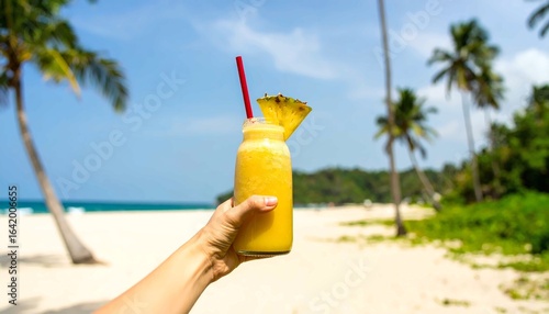 Fototapeta Naklejka Na Ścianę i Meble -  A person's hand holding a refreshing yellow pineapple smoothie in a glass bottle with a red straw, on a beautiful, sun-drenched tropical beach with palm trees and a clear blue sky