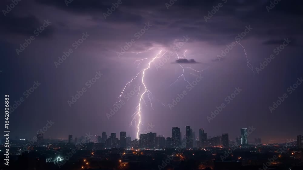 Powerful lightning strike over rainy night city skyline with dramatic ...