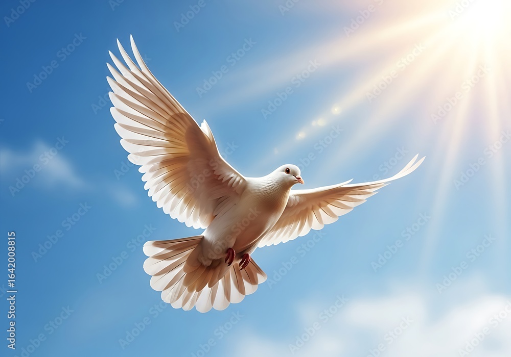 Obraz premium A majestic white dove soars gracefully through a bright blue sky illuminated by warm sunlight