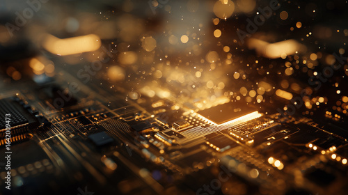 Close-Up Of A Motherboard, Dreamy Golden Sunlight Streaming On The Board