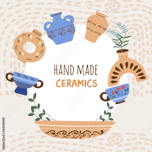 Handmade ceramics hand drawn. Handicraft pottery social media banner design with circle place for text.