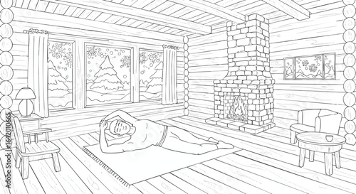 Cozy Log Cabin Winter Scene Person Relaxing by Fireplace Illustration