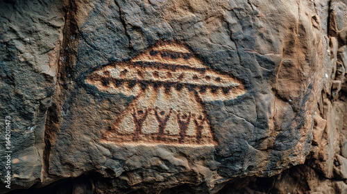Carving of saucer-shaped object above people with raised arms.