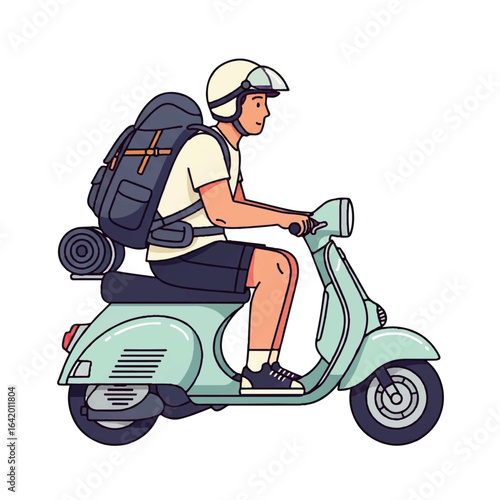 Embrace the Freedom of Travel Adventurous Solo Rider with Backpack on a Classic Scooter, Navigating Scenic Routes for an Exciting Road Trip and Exploration.