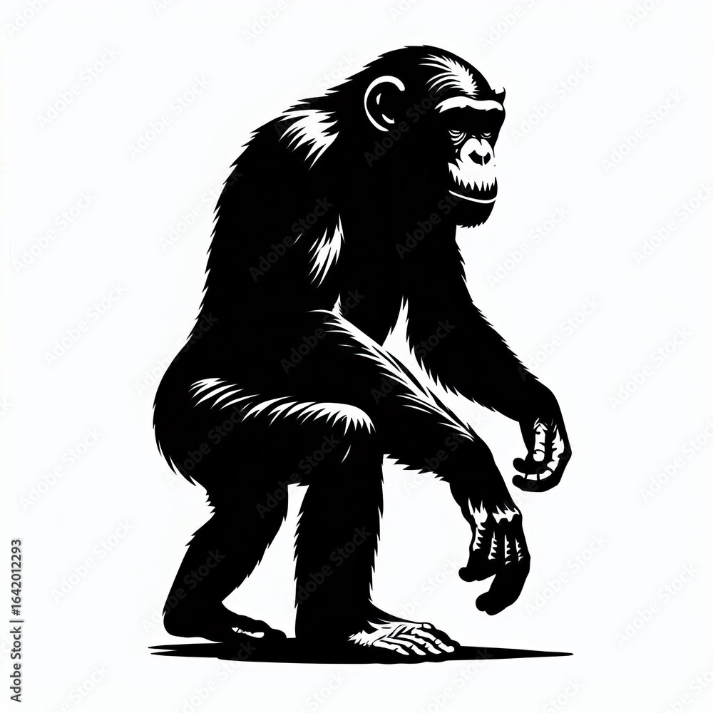Fototapeta premium Detailed silhouette of a chimpanzee in a crouching pose