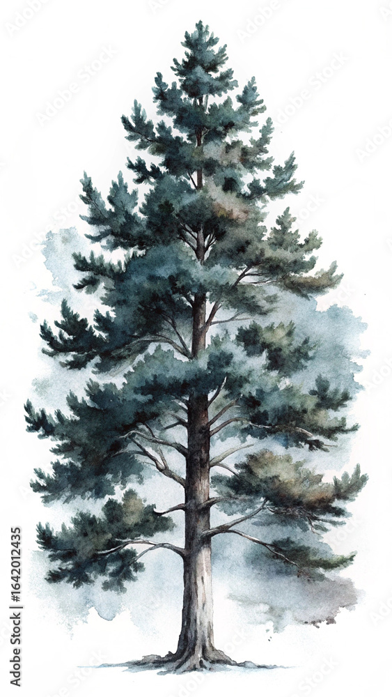 Fototapeta premium Serene Watercolor Painting of a Tall Pine Tree, Isolated on White Background, Moody Nature Illustration.
