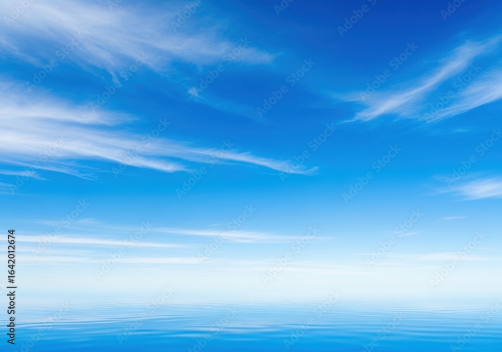 Fototapeta premium Vast blue sky with wispy white clouds over a calm ocean horizon on a bright summer day