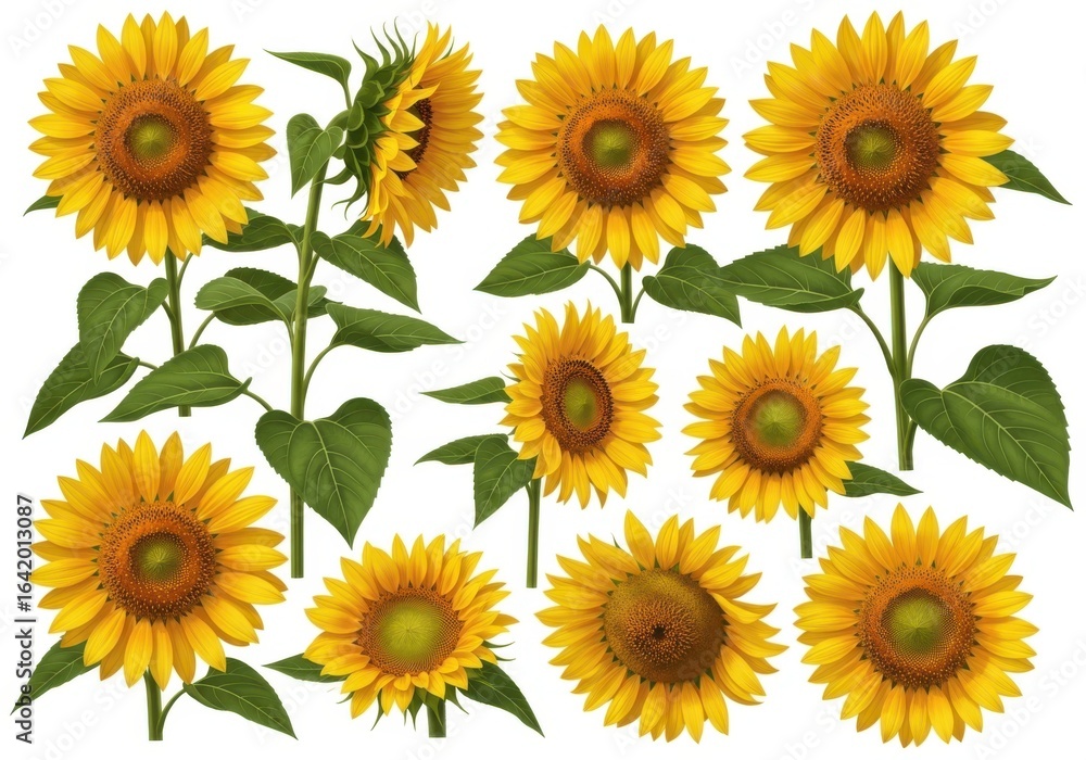 Fototapeta premium A collection of vibrant yellow sunflowers with green leaves and stems, isolated on a white background