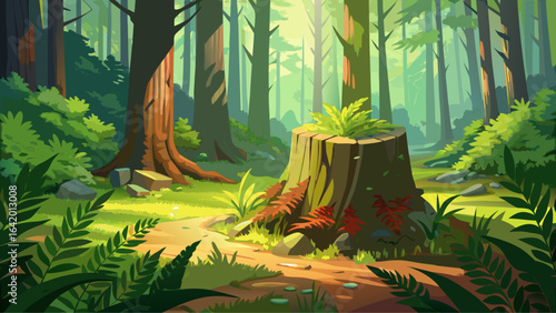 Wooden stump cut saw in the forest, wrapped in soft green moss and ferns, bathed in filtered sunlight, telling quiet tales of time, growth, and gentle woodland transformation.