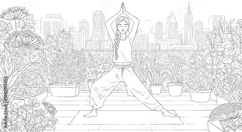 Yoga Woman in Warrior Pose Overlooking Urban Cityscape Serene Exercise Illustration for Relaxation and Well-being