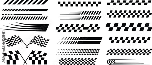 A comprehensive collection of racing checkered flag and speed stripes perfect for motorsport automotive and graphic design projects