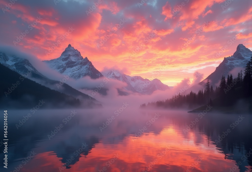 Fototapeta premium vibrant sunset over misty mountain range dramatic colors soft clouds ethereal light, landscape, wilderness, highland, outdoors, scenic, valley, peak