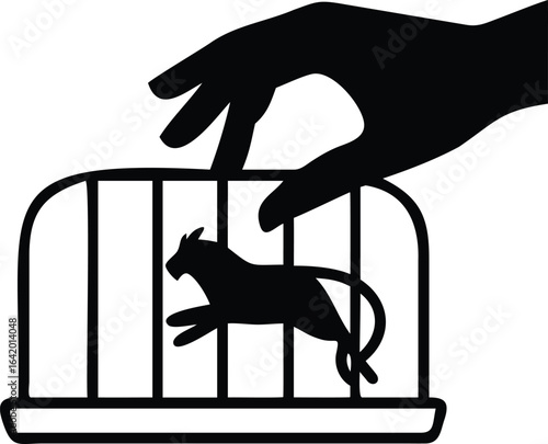 Vector art of hand releasing a cat from a cage isolated on white background, symbolizing freedom, animal care, and the release of a pet from captivity