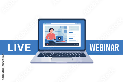 Live Webinar Vector Graphic, Laptop with Video Stream, Online Presentation and Education Concept