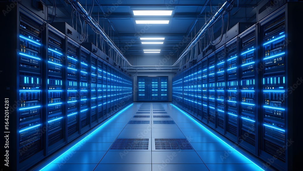 Fototapeta premium Dark colorful servers center room with computers and storage systems.