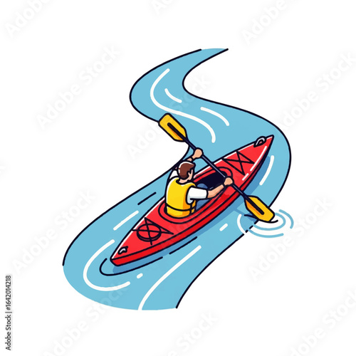 Man kayaking on a winding blue river, enjoying an outdoor adventure and water sport