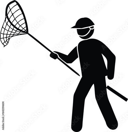 Vector art of a stick figure man with a net isolated on white background, catching insects, butterflies, fish, or balls in various sports and activities with simple line art design