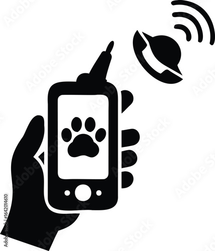 Vector art of silhouette icon of a hand holding a phone with a paw print and bell signal isolated on white background, representing pet tracking and location