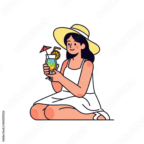 Relaxing Summer Moment Woman Enjoying a Cocktail Outdoors with a Hat