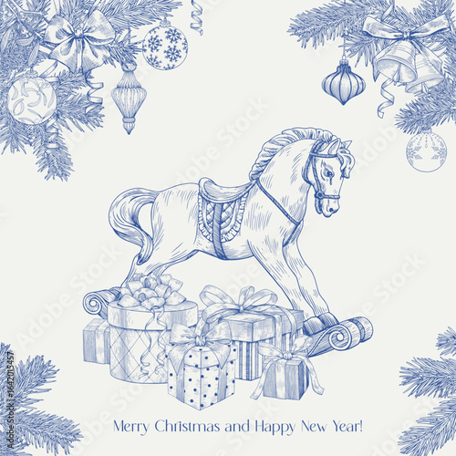 Toile art Christmas Vintage Vector illustration with rocking horse, gifts, fir branches, balls,bells, bows. Blue beige. Hand drawn element. Background for design holiday decor, new year, greeting card