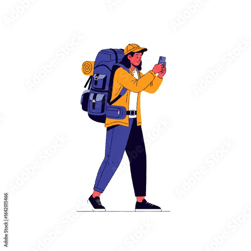 Backpacker enjoying the view with a phone, traveler capturing memorable moments during journey, outdoor lifestyle.