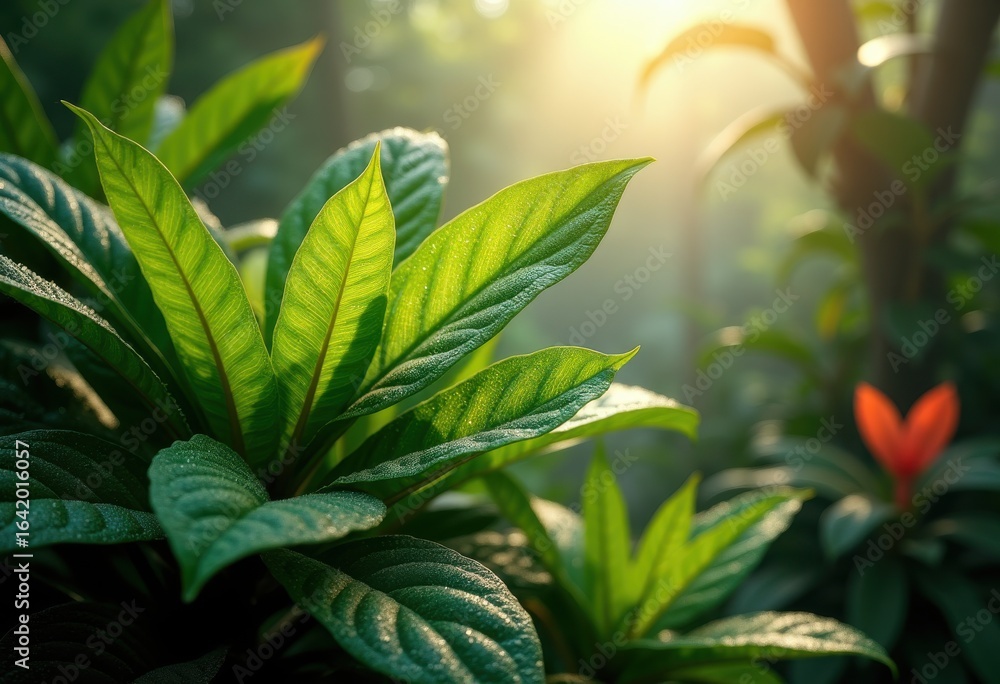 Obraz premium vibrant tropical leaves dew drops glistening sunlight lush green jungle vibrancy freshness nature beauty, flora, textures, leaf, water, glossy, exotic, branch