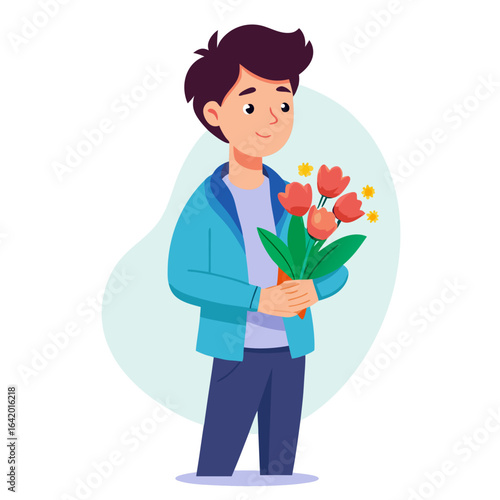 Romantic Person Holding Flowers Vector Illustration for Confession Day