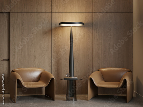 Tableau sur toile Minimalist lounge corner with modern leather chairs, wood wall panels, and ambient lighting for a cozy atmosphere