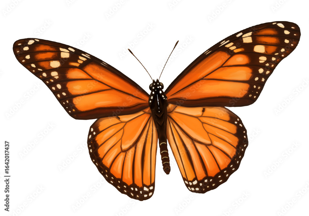 Obraz premium Realistic digital drawing of a beautiful monarch butterfly with open wings isolated on a white background