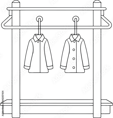Simple line art of jackets hanging in coat rack, great for coloring books and educational resources
