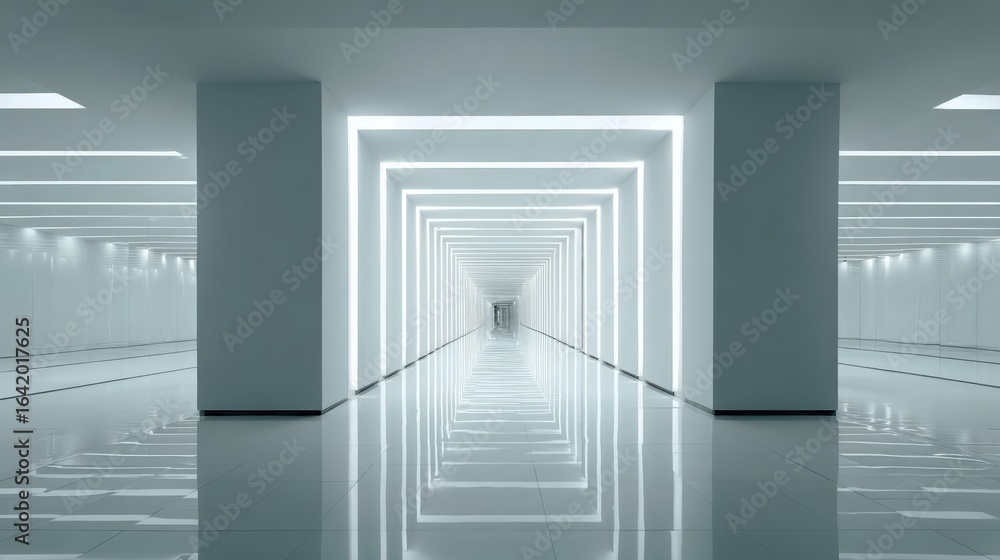 Obraz premium Abstract White Interior with a Glowing Rectangular Tunnel Effect, Futuristic Architecture, Hallway Perspective