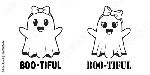 Cute Ghost with Bow Boo-tiful Halloween Vector Clipart