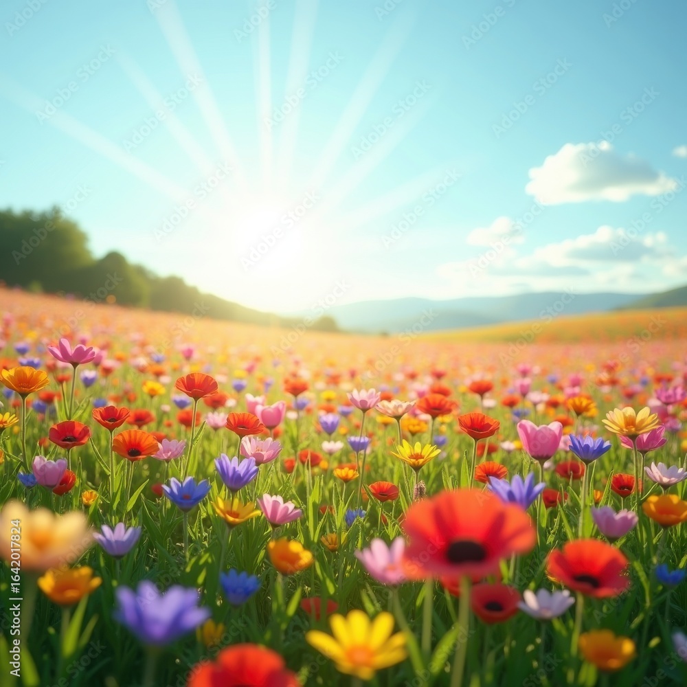 Obraz premium vibrant wildflower fields under clear blue sky floral bliss colorful nature landscape petals sunshine serenity, plant, meadow, blossom, garden, spring, scenery, view