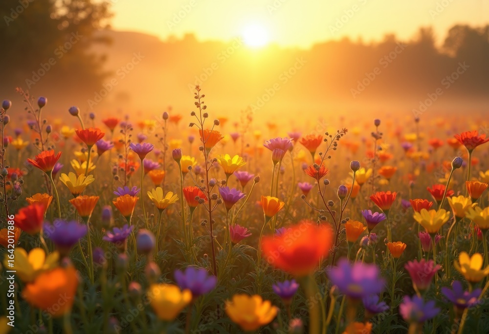Fototapeta premium vibrant wildflower fields under radiant sunrise skies blooming color life, rainbow, lgbtq, lgbt, pride, colorful, love, equality, sky, blossom, landscape