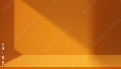 Background Orange Wall Studio with Shadow,Light on Surface Texture on floor,Spring Backdrop Empty Room with Yellow Podium Display and Top Shelf Bar for Product,Template Banner for Autumn collection