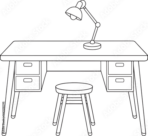 Creative workspace illustration with desk, lamp, and stool ready for your design touch and personalized style