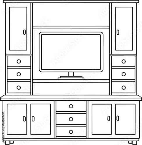Elegant entertainment center illustration for modern living room design projects, vector outline furniture drawing