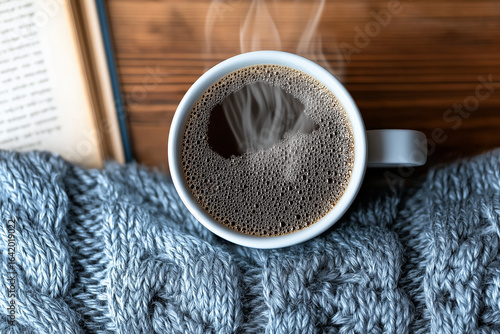 Wallpaper Mural cup of coffee on wooden table next to a reading book Torontodigital.ca