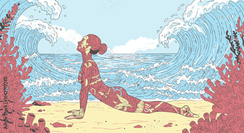 Coastal Wellness Woman in Cobra Pose Embraces Ocean Energy