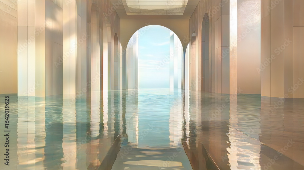 Fototapeta premium Minimalist architectural hallway with arched entrance and reflective water surface under soft natural light