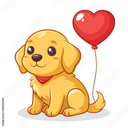 Golden Retriever Puppy with Heart Balloon Vector Illustration