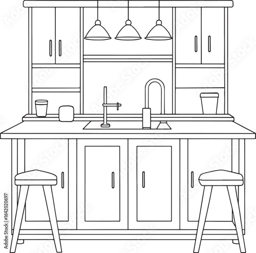 Elegant kitchen design line art showcases stylish modern cabinetry and lighting for interior design projects