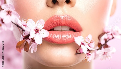 A close-up shows a woman's mouth with coral lipstick, holding a branch of small pink cherry blossoms between her lips.
