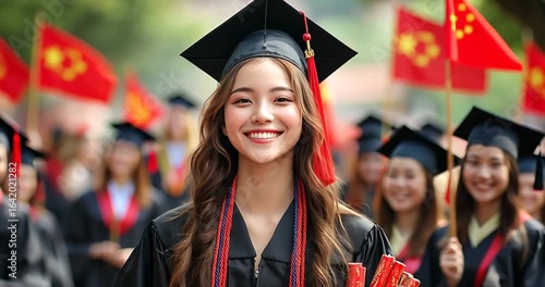 A young woman in a graduation gown and cap smiles at the camera during a graduation ceremony.